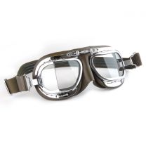 Compact Halcyon Motorcycle Goggles in brown leather with chrome frames