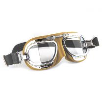 Compact Halcyon Motorcycle Goggles in tan leather with chrome frames