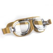 Compact Halcyon Motorcycle Goggles in tan leather with chrome frames
