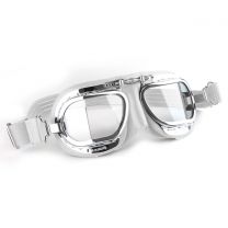 Compact Halcyon Motorcycle Goggles in white leather with chrome frames
