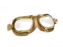 Compact Brass Antique Tan Leather Motorcycle Riding Goggles - Front View