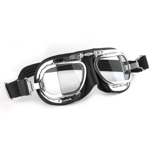 Compact Halcyon Motorcycle Goggles in black leather with chrome frames