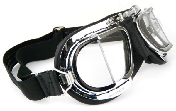 Compact Halcyon Motorcycle Goggles in black leather with chrome frames Side View