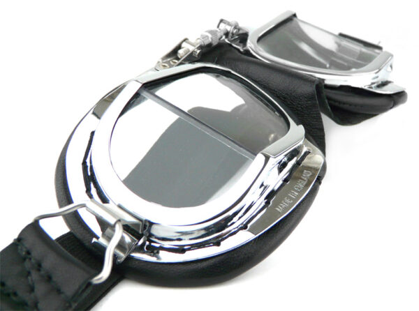 Compact Halcyon Motorcycle Goggles in black leather with chrome frames Flat View