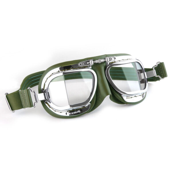 Compact Halcyon Motorcycle Goggles in racing green leather with chrome frames