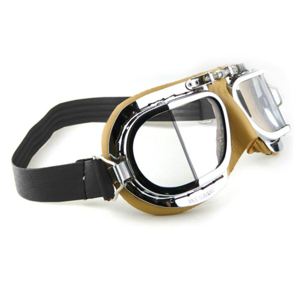 Compact Halcyon Motorcycle Goggles in tan leather with chrome frames side view