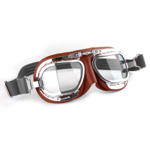 Compact Halcyon Motorcycle Goggles in red leather with chrome frames