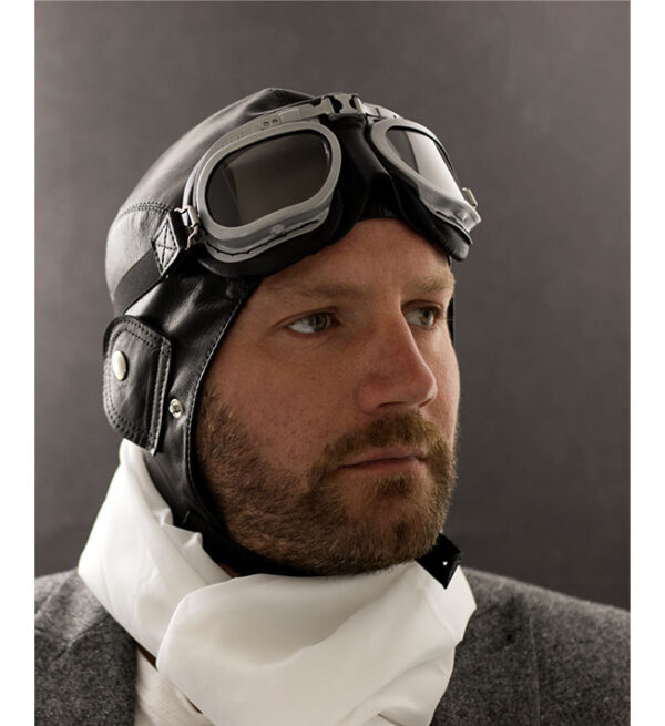 4203 - Black Leather Helmet With Silver Painted Goggle Frames