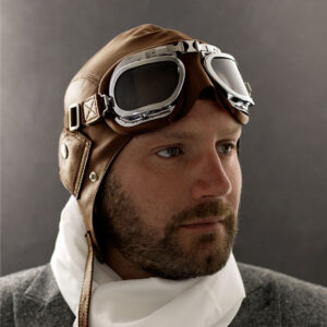 4106 - Brown Leather Helmet With Chrome Goggle Frames