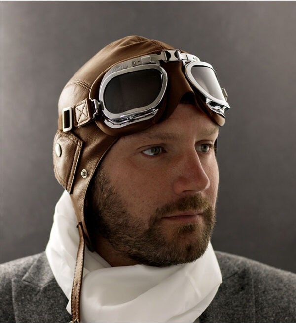 4106 - Brown Leather Helmet With Chrome Goggle Frames