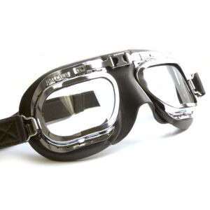 Retro Racing Goggles, Black Leather with Chrome Frames