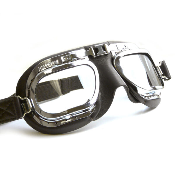 Retro Racing Goggles, Black Leather with Chrome Frames