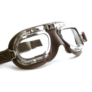 Retro Racing Goggles, Brown Leather with Chrome Frames