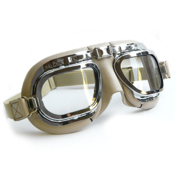 Retro Racing Goggles, Stone Coloured Leather with Chrome Frames