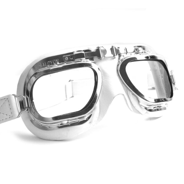 Retro Racing Goggles, White Leather with Chrome Frames