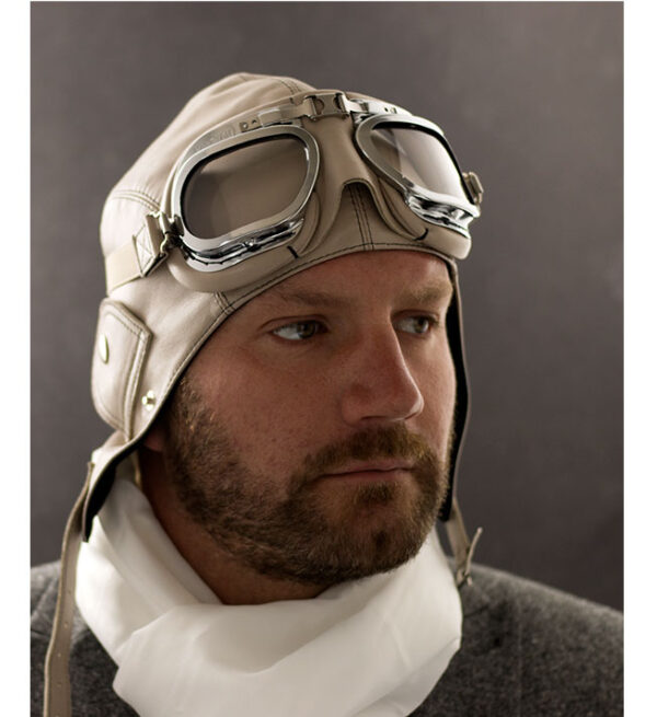 4806 - Stone Coloured Leather Helmet With Stone Coloured Goggle Frames