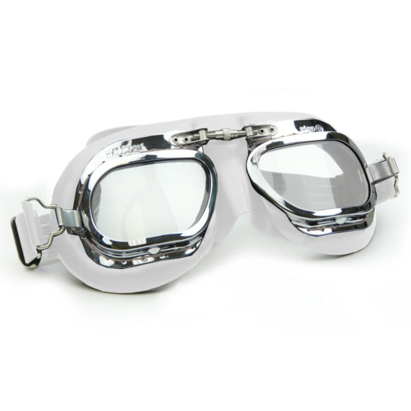 Brooklands Racing Goggles in White Leather with Chrome Frames